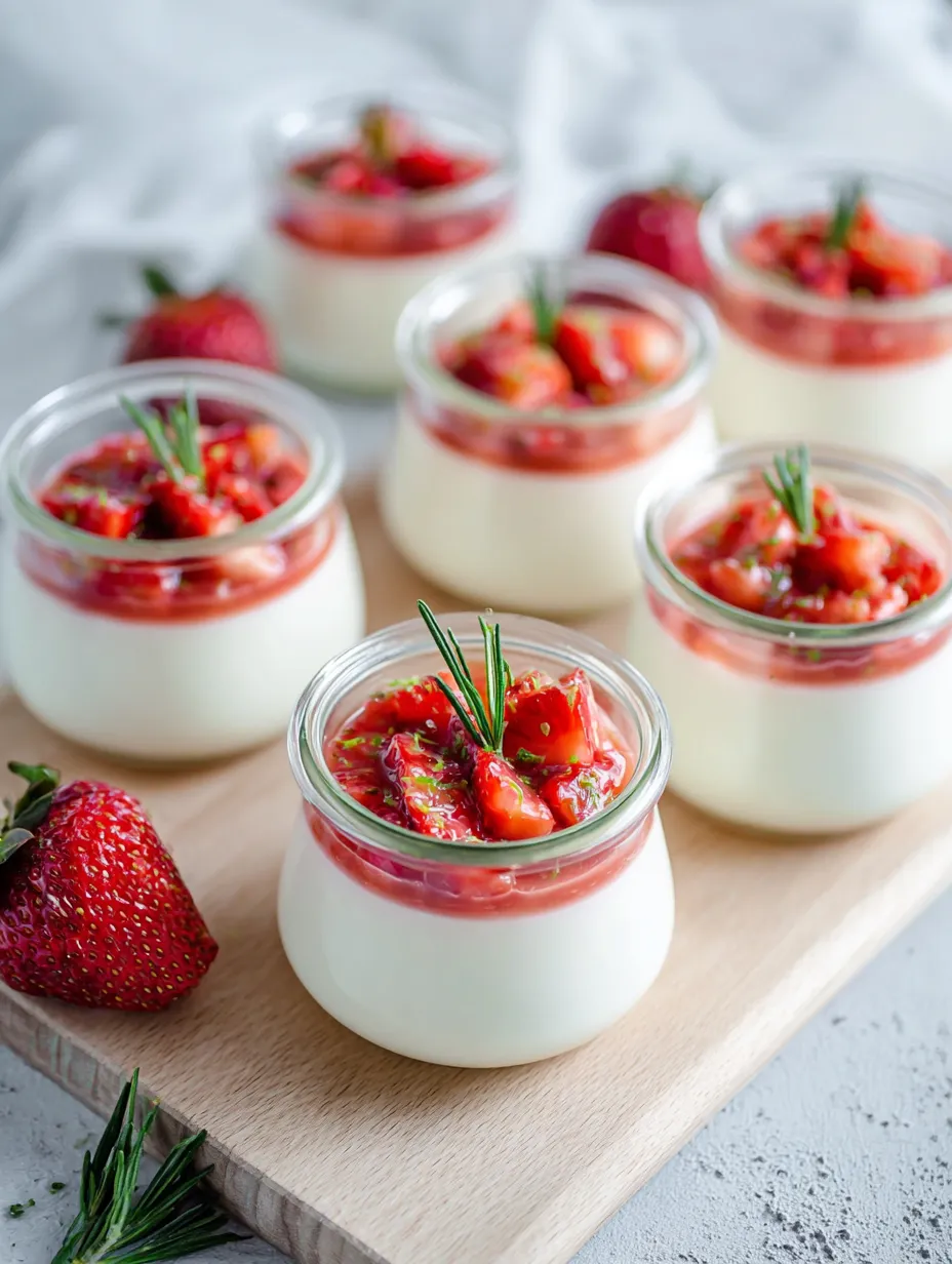 Silky crème fraîche panna cotta in glass jars topped with rosemary-infused strawberries and golden mango syrup