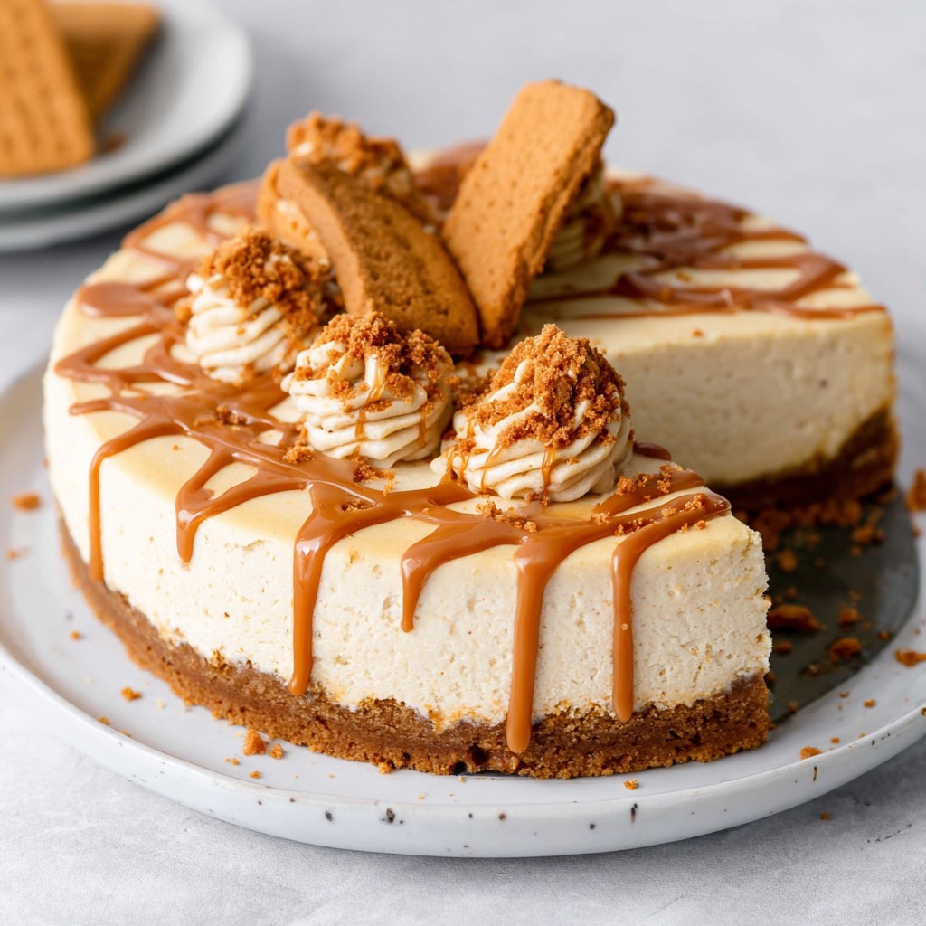 cookie butter cheesecake recipe no bake with drizzle
