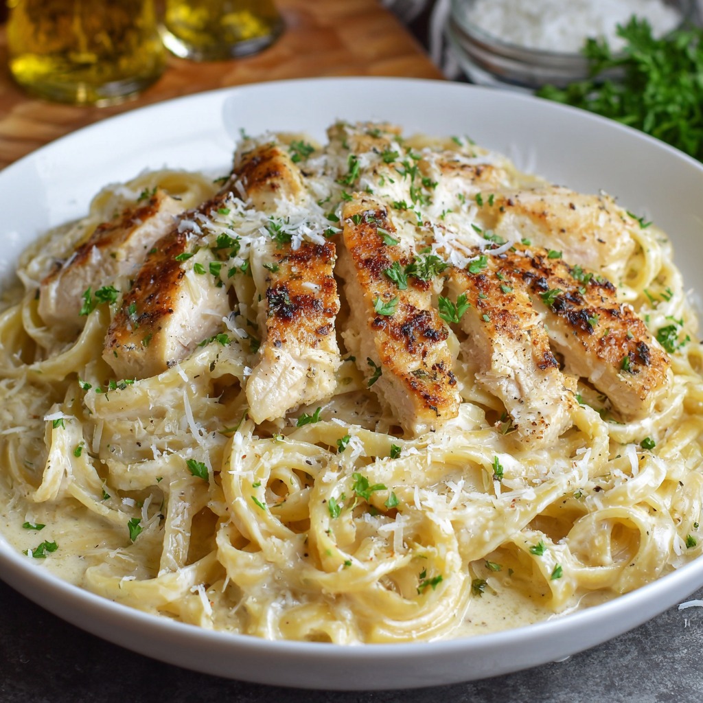 Ourchicken Alfredo creamy pasta, featuring fettuccine noodles, golden-brown grilled chicken and fresh parsley
