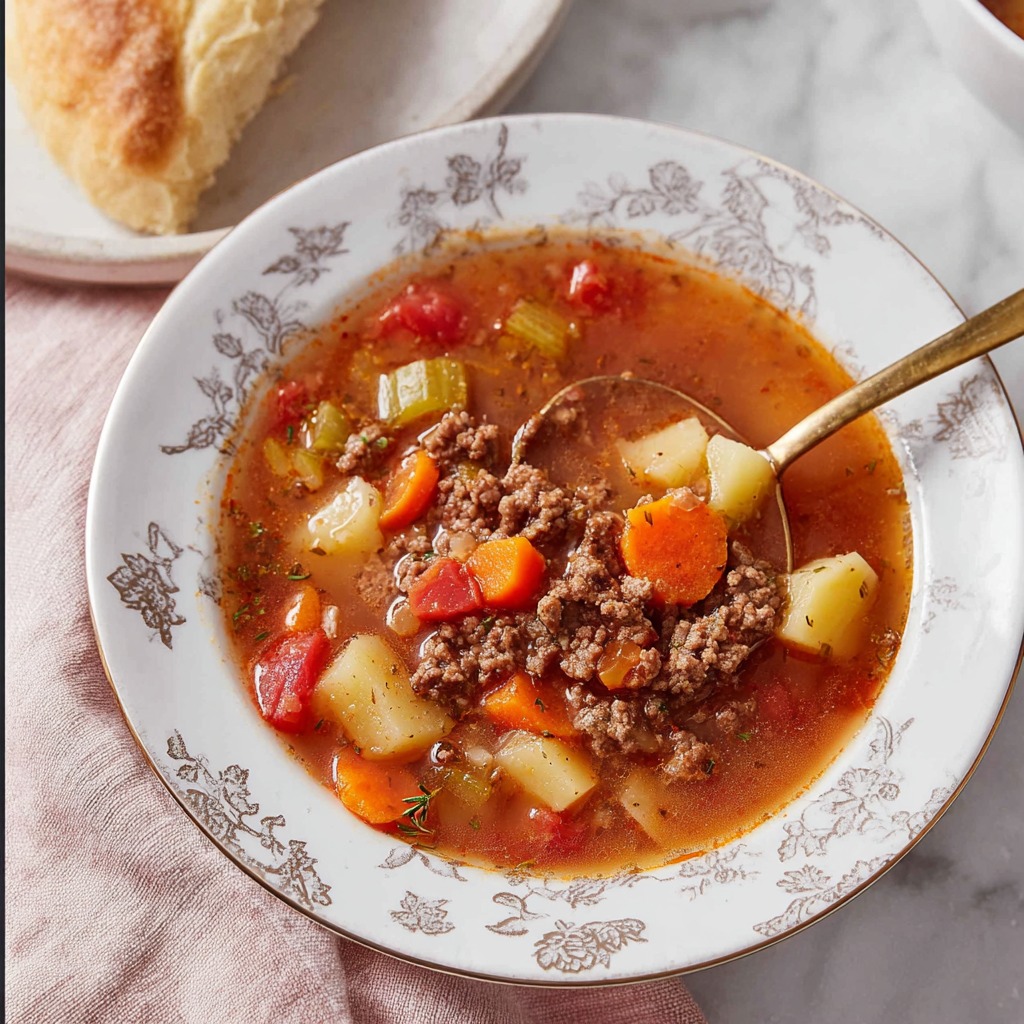 Floral bowl filled with hamburger soup being ladled out