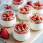 Silky crème fraîche panna cotta in glass jars topped with rosemary-infused strawberries and golden mango syrup