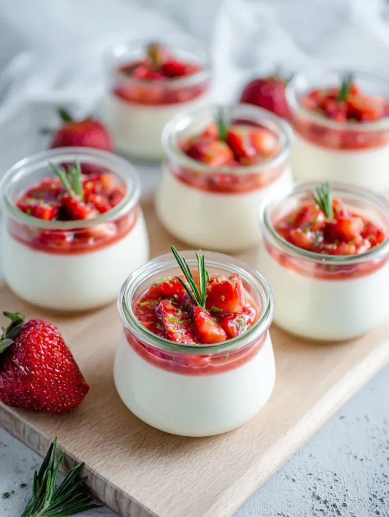 Silky crème fraîche panna cotta in glass jars topped with rosemary-infused strawberries and golden mango syrup