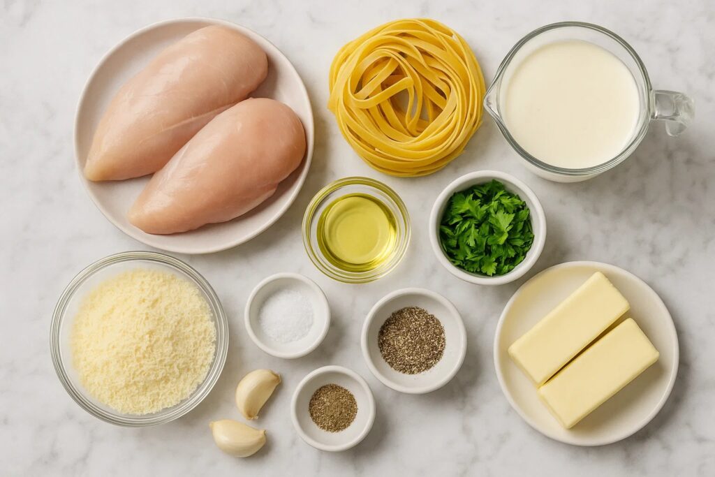 Fresh ingredients for chicken alfredo laid out on a marble countertop including raw chicken breasts, fettuccine pasta, heavy cream, and grated Parmesan cheese