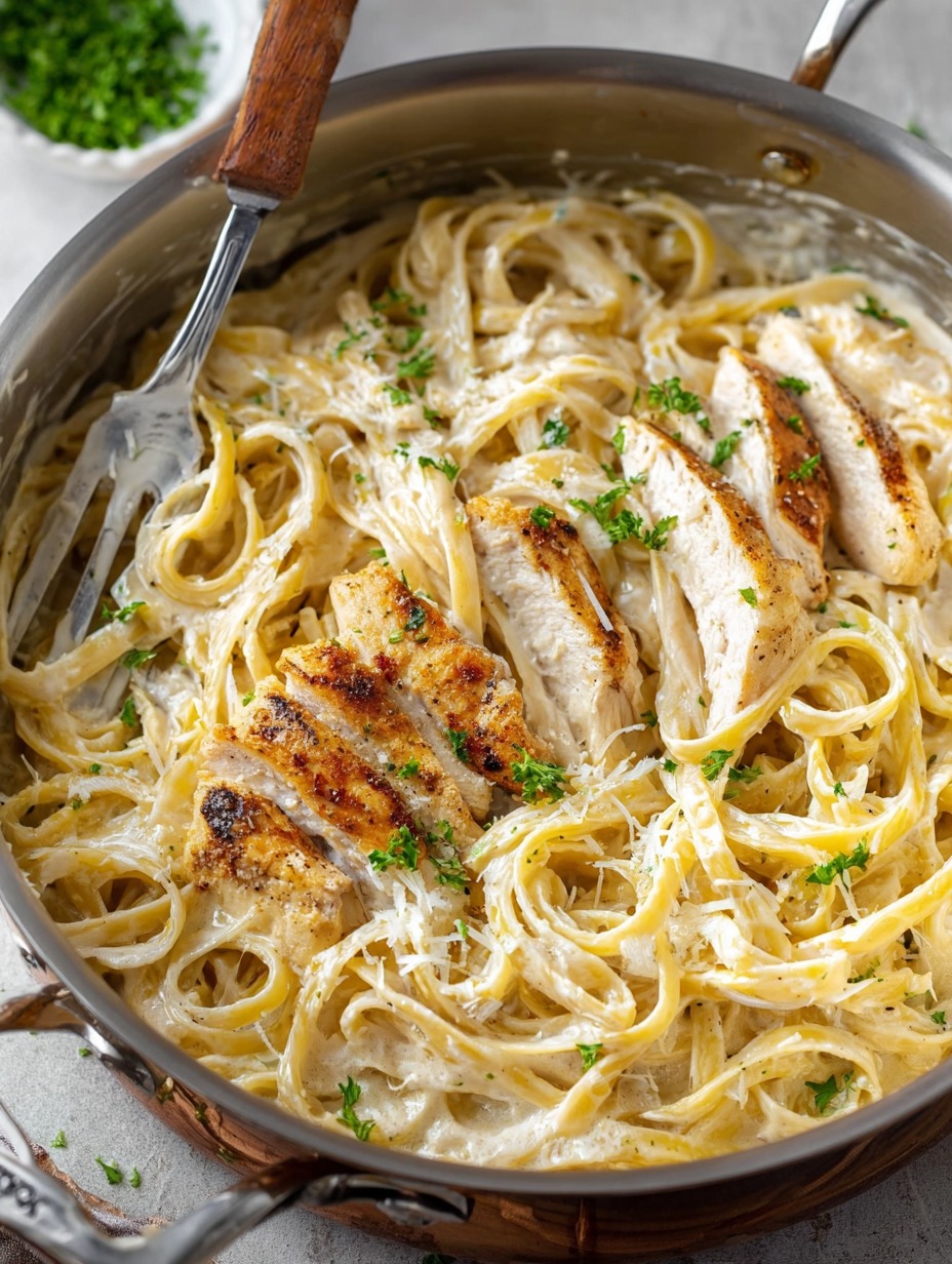 Skillet filled with creamy chicken Alfredo pasta, featuring fettuccine noodles coated in a rich white sauce and topped with sliced, golden-brown grilled chicken and fresh parsley