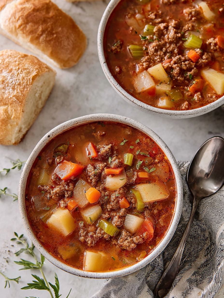 Two bowls of hearty hamburger soup with potatoes, carrots, and celery next to crusty bread