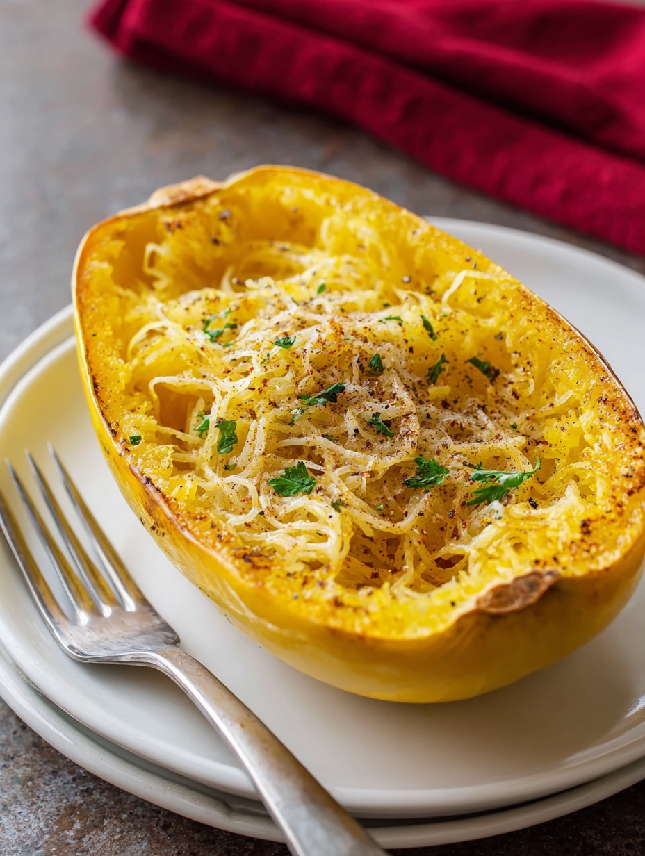 Perfectly roasted spaghetti squash strands in a white bowl, served with fresh herbs and Parmesan cheese.