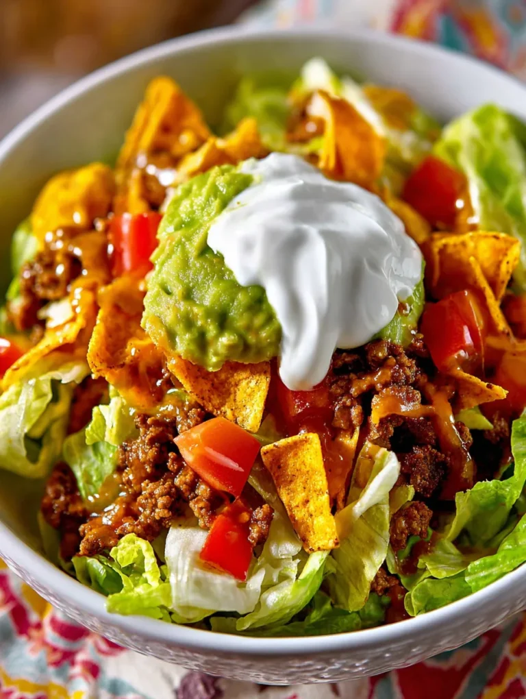 Classic taco salad recipe with seasoned beef, beans, cheese, lettuce, and crispy tortilla strips served in a bowl